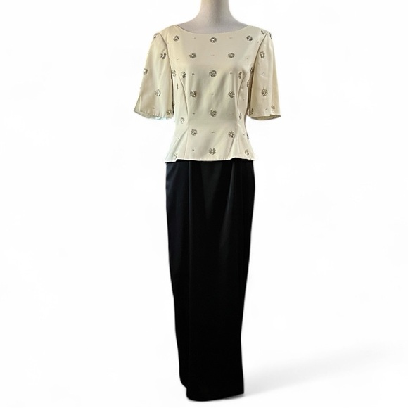 VINTAGE LIZ CLAIBORNE NIGHT JEWELED SATIN EVENING COCKTAIL DRESS BLK WHT SIZE 8 - Picture 1 of 13